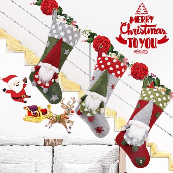 Christmas Stocking 3 Pack, 19 Inch 3D Gnomes Santa Christmas Stockings Fireplace Hanging Stockings for Family Christmas
