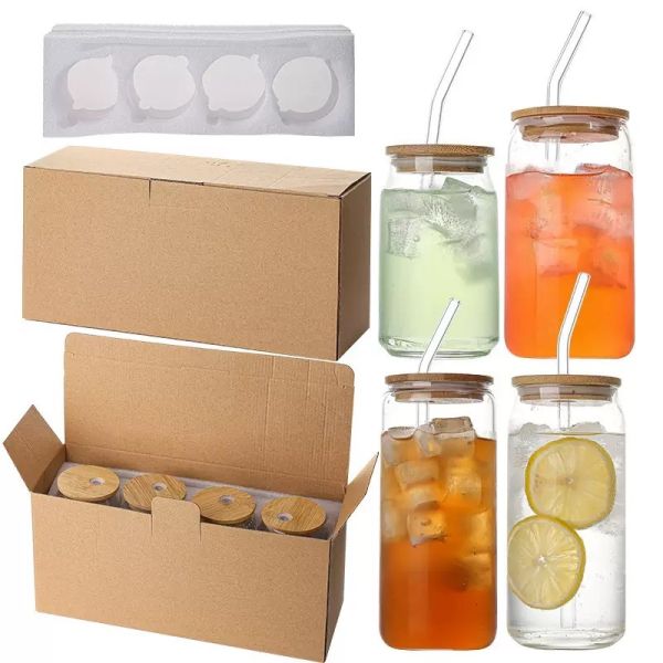 Sublimation Glass Coke Cup With Bamboo Lid And Straw Glass Cold Drink Cup High Borosilicate Glass Coated Transparent Glass Cup Set Sublimation Glass