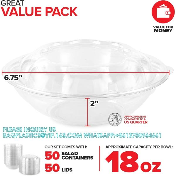 18oz Clear Plastic Salad Bowls With Lids Disposable (50 Pack) Mini Takeout Container Snap On Lid For Fruit Salads