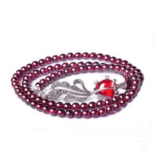 China 4mm Round Genuine Garnet Beads Bracelet with 925 Silver Marcasite Goldfish Charm 20 inches (B120702) on sale