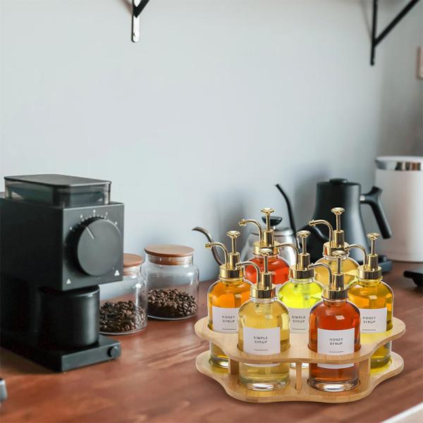 Single Tier Bamboo Rotating Coffee Syrup Organizer Rack 7 Bottles Holder Lazy Susan 33 x 35 x 8.7cm