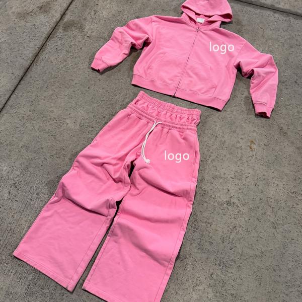 Custom Logo Zip up Hoodie pink Double Waist Sweat Track Baggy Pant Acid Washed Hoodie Set Tracksuits for Men