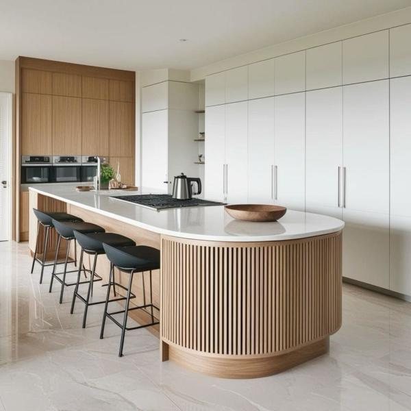 Custom Modern Eco-friendly Wood Grain Kitchen Cabinet with Marble Countertop for Residential Projects