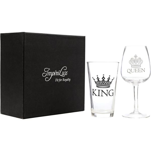 King Beer & Queen Wine Glass Set For Newlyweds Anniversaries