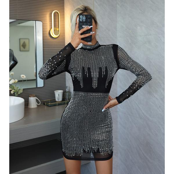 Seductive Allure Womens Sexy Sheer See Through Rhinestone Mini Bodycon Dress
