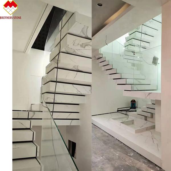 MOHS 6-7 Hardness White Marble Look Porcelain Tile Stairs with Customized Design