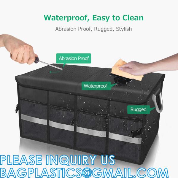 Trunk Cargo Organizer Durable Storage Collapsible Multi Compartments With Aluminium Alloy Handle Reflective Strip