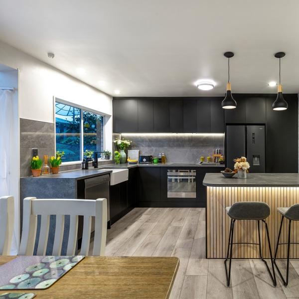 Simple L Shaped Kitchen Units Luxury Modular Dark Black Solid Wood Kitchen Cupboard Set