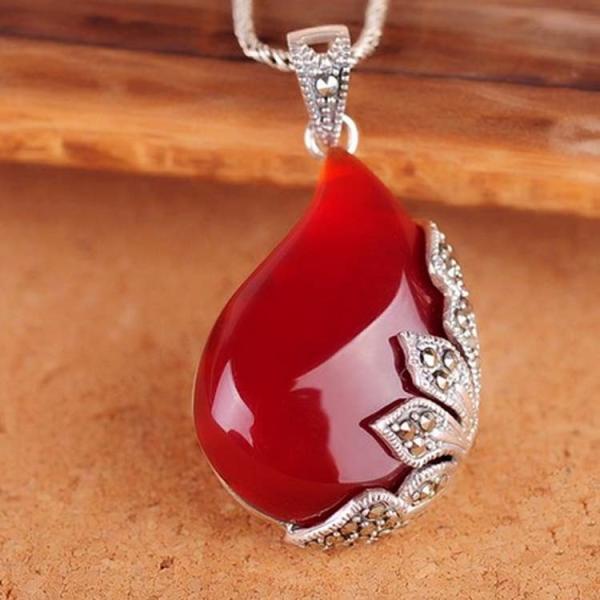 Vintage Jewelry 925 Silver Red Agate Marcasite Drop Pendant Necklace 18 Inches (JA1674RED)