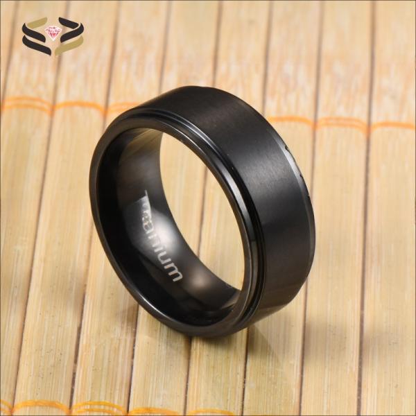 Men'S Black Titanium Wedding Bands 8mm Brushed Finished With Stepped Edges