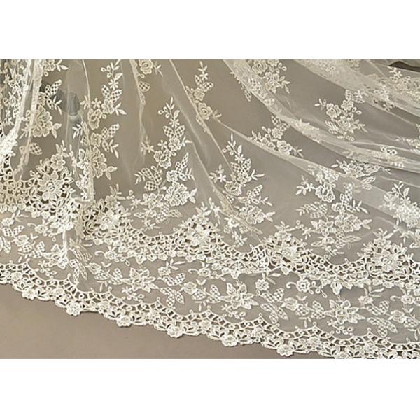 Ivory Embroidery Bridal Corded Lace Fabric , Flower Scalloped Edge Lace Fabric By The Yard
