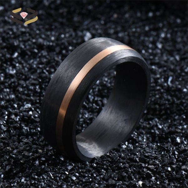 Carbon Fiber Rose Gold Circle Inlay Men's Wedding Band Black 8mm for Engagement