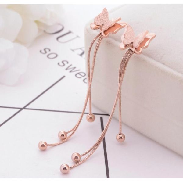 Fashionable Stud Butterfly Jewelry , Ball Dangle Tassel Stainless Steel Earring, Rose Gold butterfly stud Earring