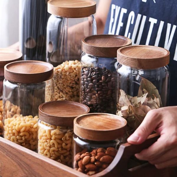 Coffee Food Glass Jar Airtight Canister Bottle With Acacia Wood Lid