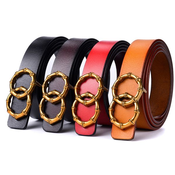 Ladies Casual Fake Leather Belt 2.3cm Pin Luxury Double Circle Belt Buckle