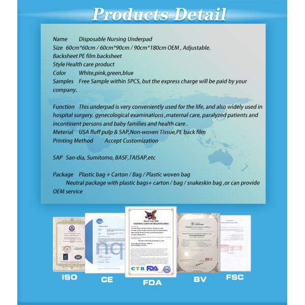 Fluff Pulp Disposable Bed Mat for Incontinence Care in Hospitals and Homes CE Certified