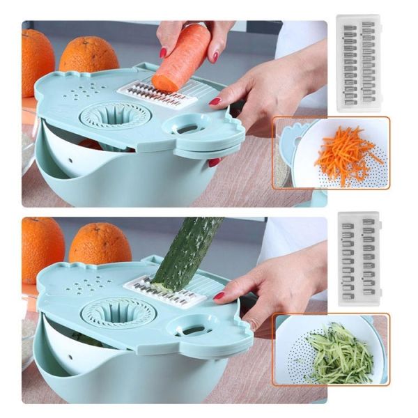 Portable Blue 4 Dicing Blades Vegetable Cutter With Drain Basket
