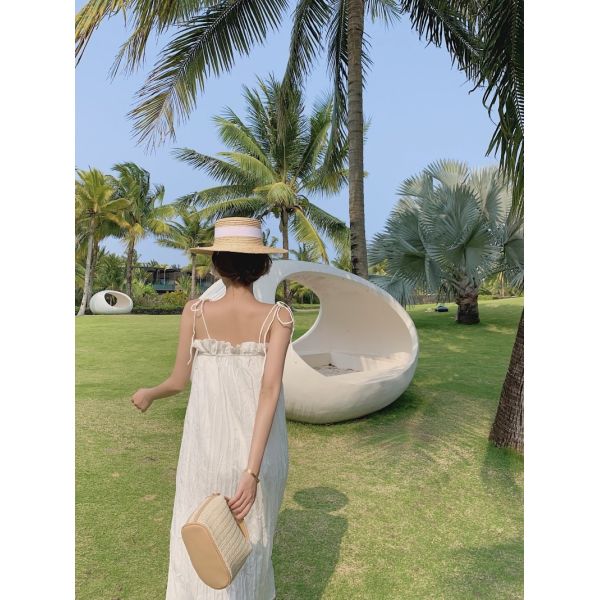 Cotton Square Collar Women's Beachwear Dresses , Backless White Loose Beach Dress