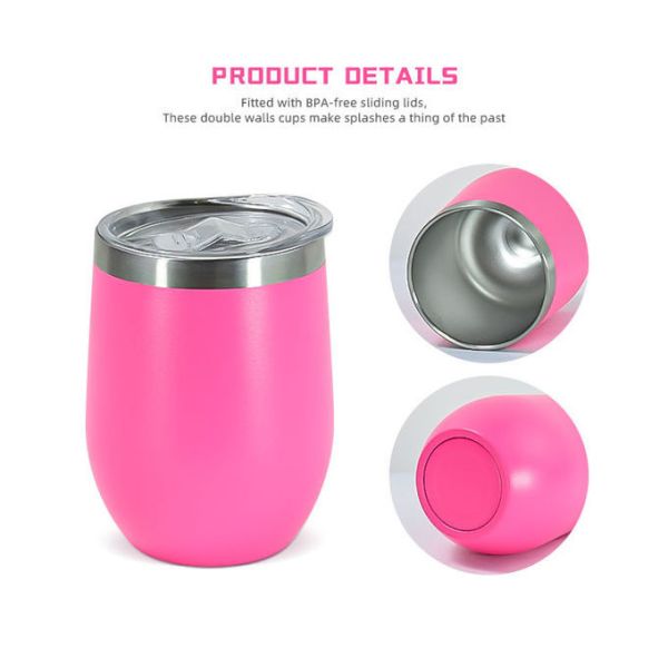 Wine Tumbler SS Insulated 12 Oz Stemless Wine Glass With Slide Lid And Metal Straw Travel Cup Keep Cold For Coffee Cocktails