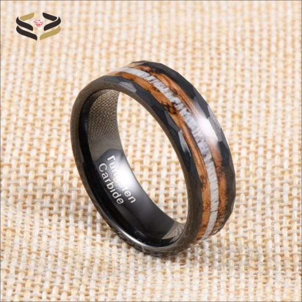 8mm Hammered Whiskey Barrel Wood and Deer Antler Inlay Black Tungsten Rings Children's Wedding Bands Gender Children's