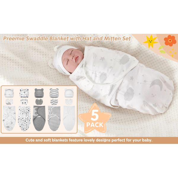 5-Pack Cotton Preemie Swaddle Set with Hat & Mittens 24x18.5 inches