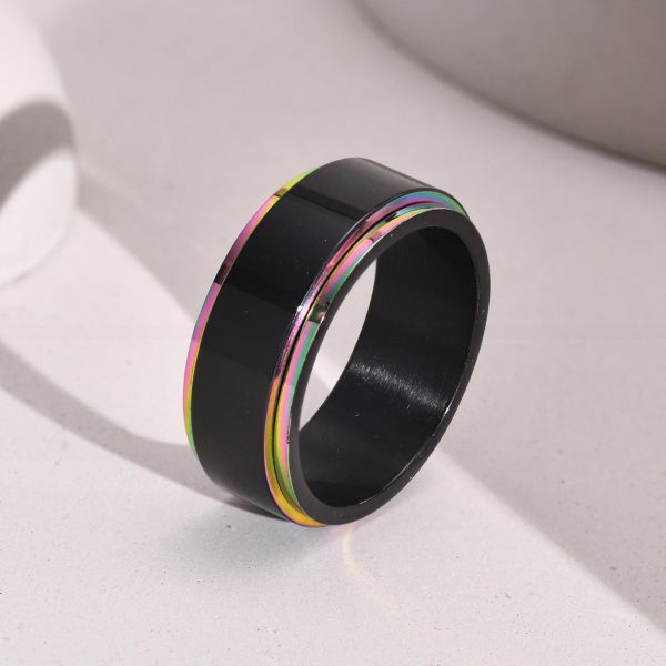 Black Rainbow Stainless Steel Worry Stress Relieve Ring Band Set With Channel Setting