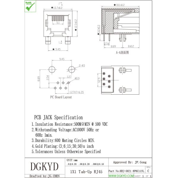 PBT Black Single Port Right Angle 6 Pins 6 Contacts RJ11 Jack Phone Socket