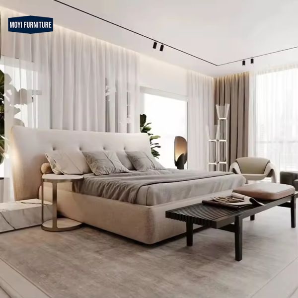 Modular queen size bed room furniture set featuring full upholstered linen frame and modern luxury furniture designs