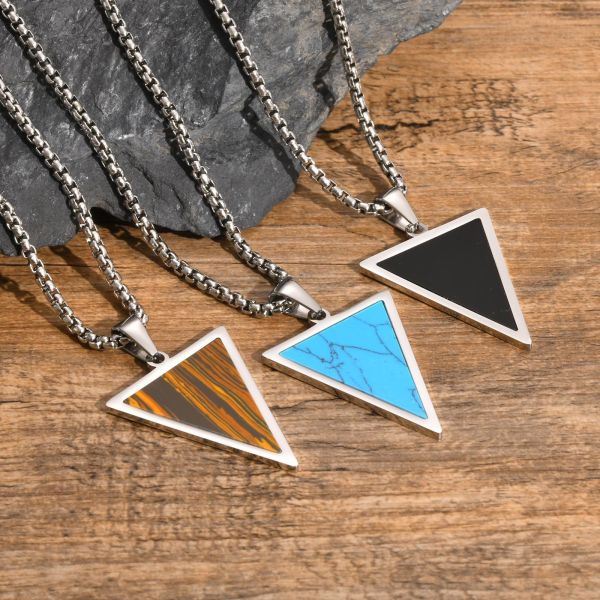 Custom Triangular Stainless Steel Inlaid Turquoise Pendant for Men Length 60cm 23.62in