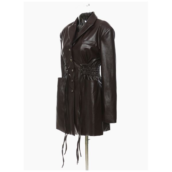 Breathable Women Fashion Drawstring Oversized Midi Winter Pockets Long Leather Jacket Coat PU Jackets