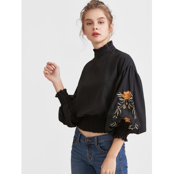 2017 Fashionable black embroidered blouses for women
