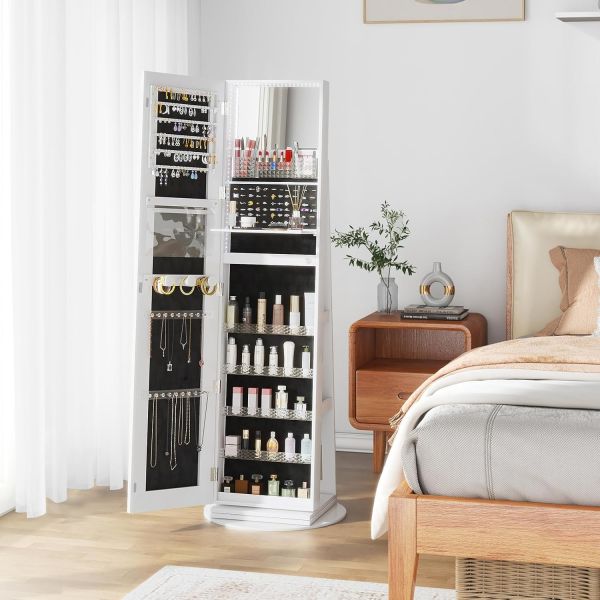 Modern Full Length Mirror Jewelry Cabinet with 3 Back Shelves HD Real Glass Mirror and Makeup Storage