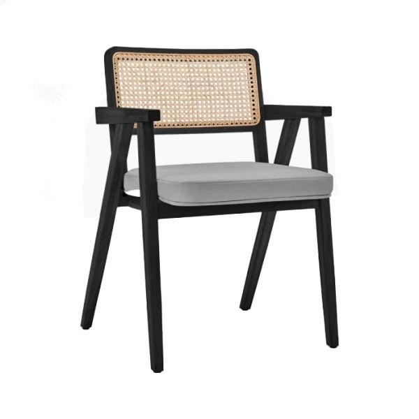 Black Wood And Cane Dining Chair Stackable Retro Rattan Wood Armchair