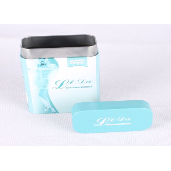 CMYK Artwork Rectangle Printed Tin Boxes For Weight Loss Capsule Packaging