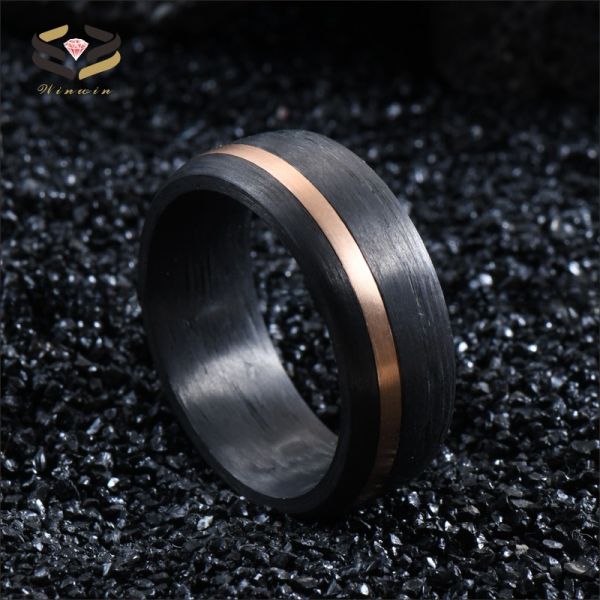 Carbon Fiber Rose Gold Circle Inlay Men's Wedding Band Black 8mm for Engagement