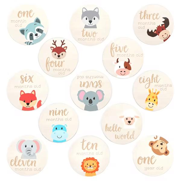 Monthly Milestone Card set 100mm Wooden Discs for Adorable Animals Milestone Cards of Your Newborn Boy/Girl