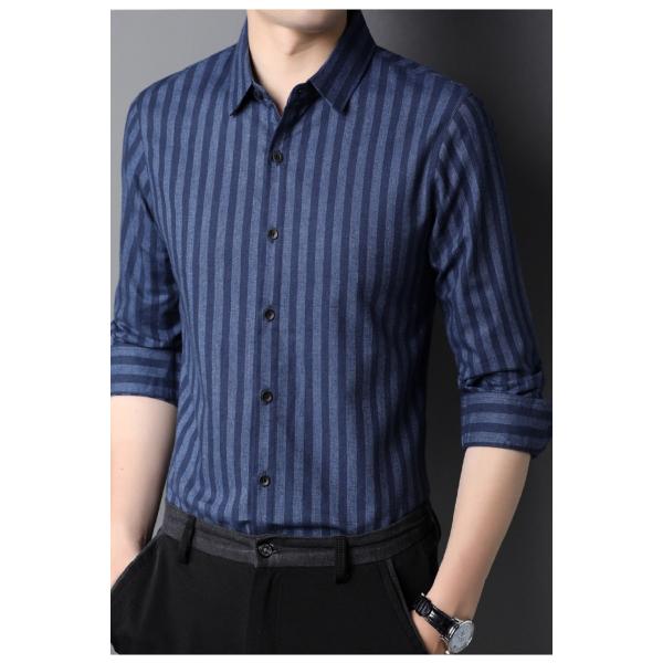 Breathable Dark Blue Long Sleeve Cotton Shirt for Men's Casual Fashion in Autumn 2021