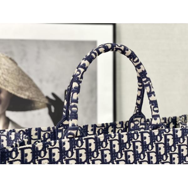 Dior Oblique Embroidery Canvas Navy Blue Branded Shoulder Bag Christian Book Large