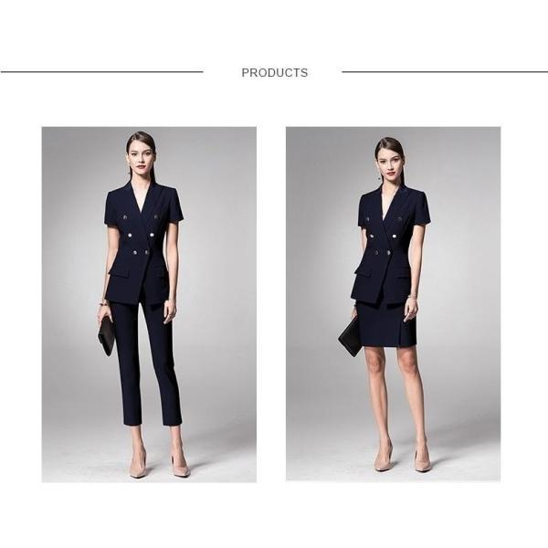 Dark Navy Slim Fit Blazer for Ladies Office Short Sleeve Women's Suits Collar V-neck