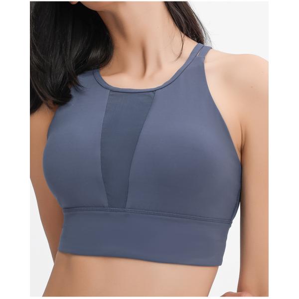 Mesh Stitching Womens Sports Bra Pull Round High Neck Gathered Shockproof
