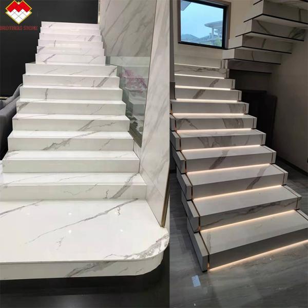 MOHS 6-7 Hardness White Marble Look Porcelain Tile Stairs with Customized Design