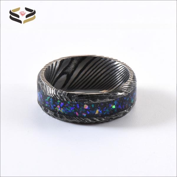 8mm Damascus Steel Wedding Band Ring Galaxy Opal Inlayed For Men