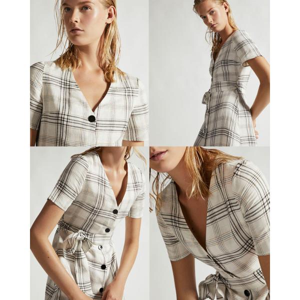 Summer Clothing Women V Neck Midi Checked Linen Dress