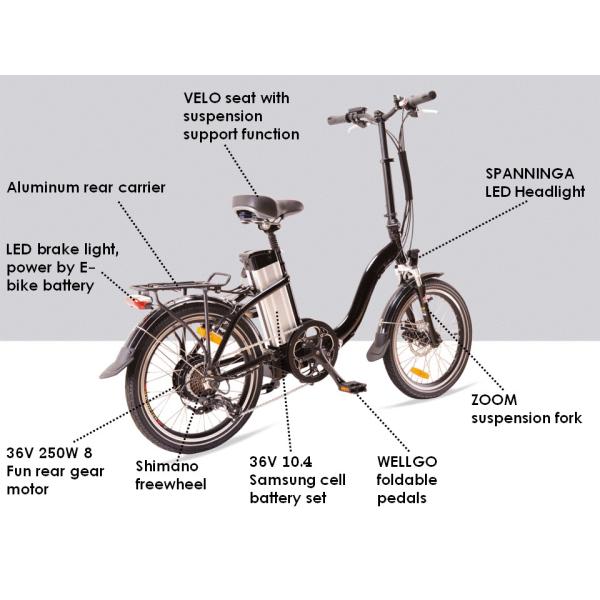 Black 10.4Ah 36V Electric Folding Bike , 20" Cruiser Folding Electric Bike With Disc Brake