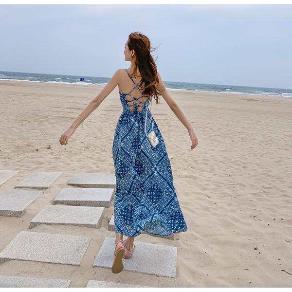 Blue Back Tie Halter Strap 104cm Bohemian Beach Dress