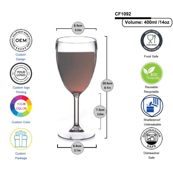 14oz Plastic Drink Glasses Hard Clear Plastic Wine Glasses For Party Bar Events