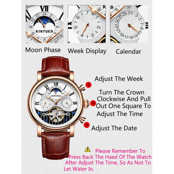 KINYUED New Silver Case Moon Phase Clock Movement Genuine Crocodile Watch Strap Water Resistant Watch