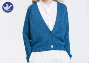 Quality Acrylic Wool Womens Knit Cardigan Sweaters , Blue Long Sleeve Cardigan Sweater for sale