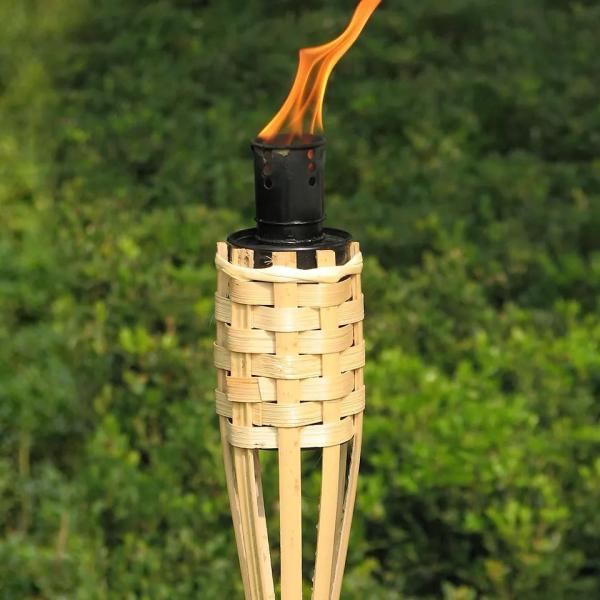 Garden Light Bamboo Torch With Black Metal Wick Holder For Outdoor Decoration Natural Bamboo Tiki Torch