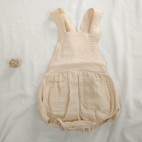 Summer Cotton Muslin Baby Clothes Sleeveless Romper Strap Pants With Pocket Solid Baby Bodysuit